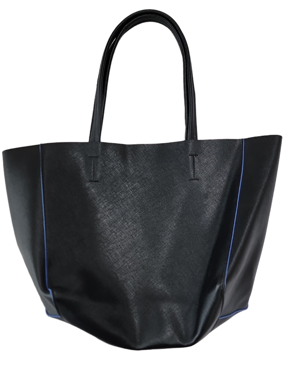 Macy's Black Faux Leather Tote Bag Blue Interior and Trim